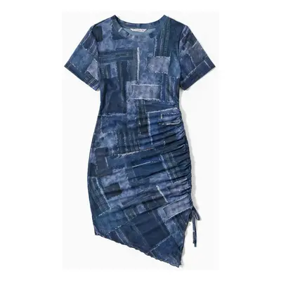 Mommy and Me Denim Patchwork Mesh Printed Ruched Drawstring Dress