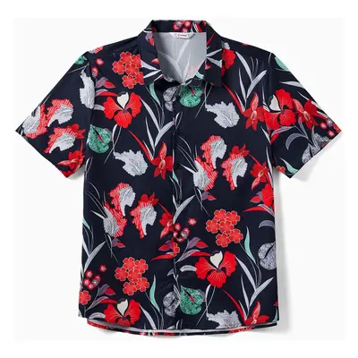 Family Matching Tropical Floral Overlap Hi-Low Ruffle Dress and Beach Shirt Sets