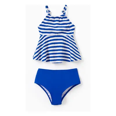 Family Matching Blue Striped Swim Trunks or Pieces Halter Tankini Swimsuit