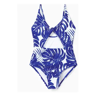 Family Matching Tropical Leaf Print Swim Trunks or Hollow-out Crisscross Straps One-piece Swimsu