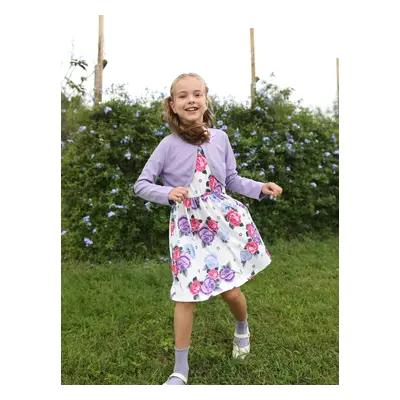 2pcs Kid Girl Floral Print Sleeveless Dress and Long-sleeve Purple Bowknot Design Cardigan Set