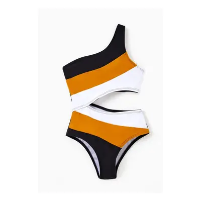 Family Matching Colorblock Swim Trunks Shorts or Cut Out Waist One-Shoulder One-piece Swimsuit