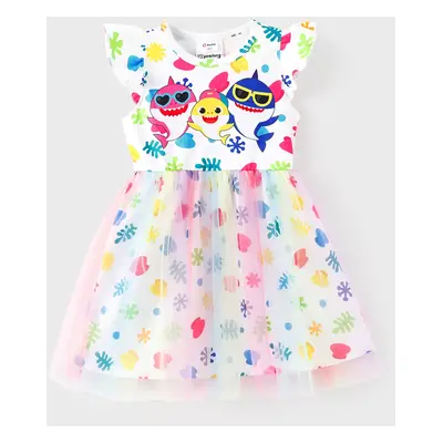 Baby Shark Toddler Girl Character Print Bow Decor/Mesh Overlay Dress