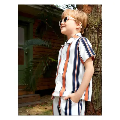 2pcs Toddler Boy Boho Stripe Lapel Collar Shirt and Shorts Set