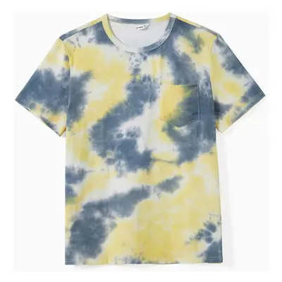 Family Matching Tie-Dye Short Sleeves Tee and Button Design A-line Midi Dress