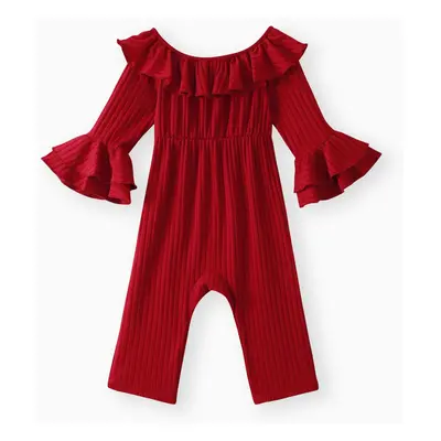 Baby Girl Solid Ribbed Off Shoulder Ruffle Bell Sleeve Jumpsuit