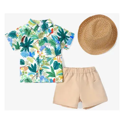 3pcs Toddler Boy Vacation Straw Hat and Animal Floral Print & Shorts Set