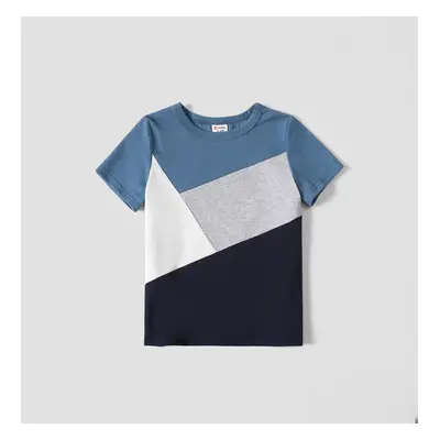 Family Matching Allover Geo Print V Neck Belted Short-sleeve Dresses and Colorblock T-shirts Set