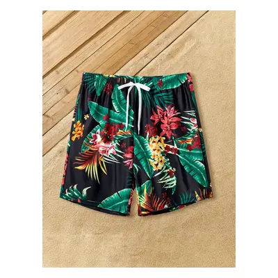 Family Matching Floral Drawstring Swim Trunks or Red Halter Top Spliced Swimsuit