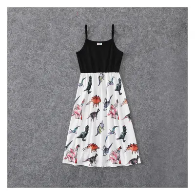 Family Matching Allover Dinosaur Print Spliced Black Cami Dresses and Short-sleeve T-shirts Sets