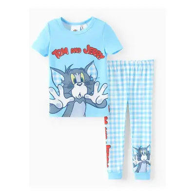 Tom and Jerry Toddler Boy 2pcs Naia™ Character Plaid Pattern Short-sleeve Snug-Fitting Pajamas S