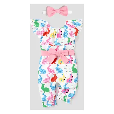 Easter Baby Girl Rabbit Print Ruffle Collar Jumpsuit with Belt & Headband