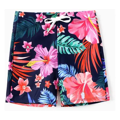 Family Matching Tropical Floral Drawstring Swim Trunks or Ruched Drawstring Side Strap Swimsuit