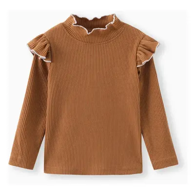 Toddler Girl Solid Color Ruffled Mock Neck Ribbed Long-sleeve Tee