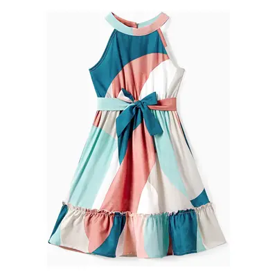 Mommy and Me Multi-Color High Neck Halter Ruffle Hem Belted Dress