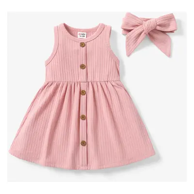 Baby Girl Casual Button Design Textured Dress with Headband