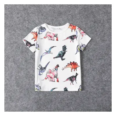 Family Matching Allover Dinosaur Print Spliced Black Cami Dresses and Short-sleeve T-shirts Sets