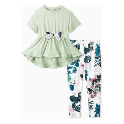 2pcs Kid Girl Bow Front Peplum Top and Plant Floral Pants Set