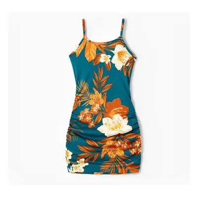 Family Matching Allover Floral Print Drawstring Ruched Bodycon Cami Dresses and Short-sleeve Spl