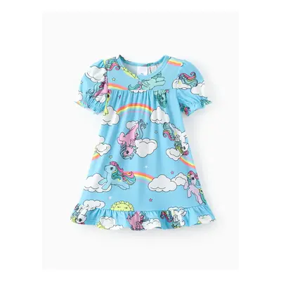 My Little Pony Toddler/Kid Girl 1pc Character Rainbow Pattern Ruffled Sleeves Pajama Dress (Flam