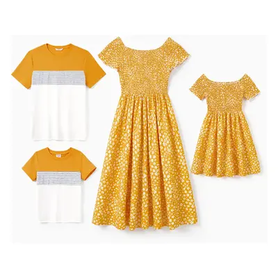 Family Matching Allover Floral Print Off-Shoulder Smocked Dresses and Stripe Panel Colorblock Sh