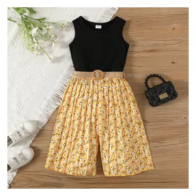 Sweet Toddler Girl 3pcs Set: Black Sleeveless Top, Floral Wide-leg Pants