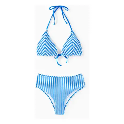 Family Matching Towel Swimwear Blue Stripe Swim Trunks or two-piece Bikini swimsuit