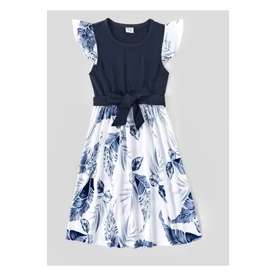 Family Matching Solid V Neck Ruffle Sleeveless Splicing Palm Leaf Print Dresses and Short-sleeve