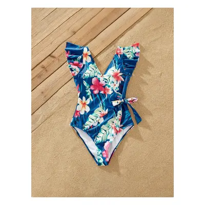 Family Matching Floral Drawstring Swim Trunks or Flutter Sleeves Knot Side One-piece Swimsuit