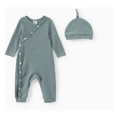 2pcs Baby Boy/Girl Solid Rib Knit Button Front Long-sleeve Jumpsuit with Hat Set