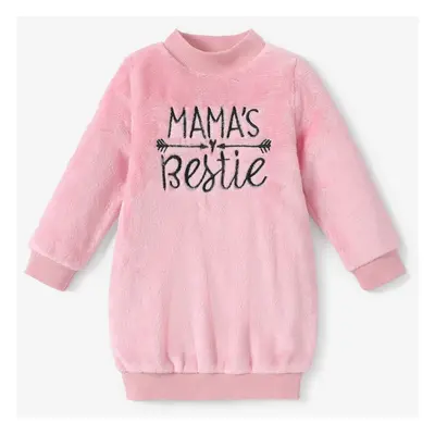 Toddler Girl Letter Embroidered Fleece Mock Neck Long-sleeve Pink Sweatshirt Dress