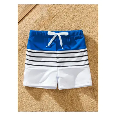 Matching Family Swimsuit Colorblock Drawstring Swim Trunks or Striped Blue Spliced Tankini with 