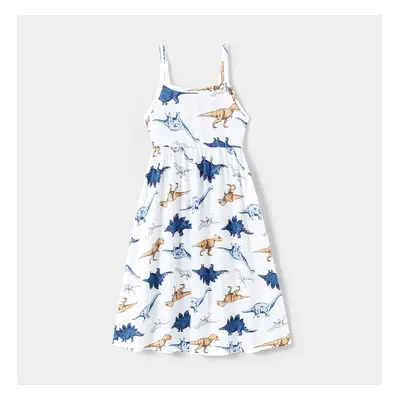 Family Matching All Over Dinosaur Print Spaghetti Strap Midi Dresses and Short-sleeve T-shirts S