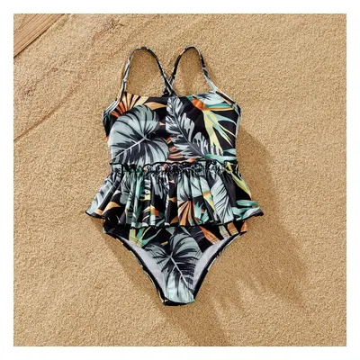 Family Matching Floral Drawstring Swim Trunks or One-Shoulder Side Drawstring Swimsuit