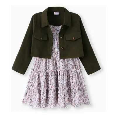 Toddler Girl 2pcs Lapel Collar Jacket and Floral Ruffled Dress Set