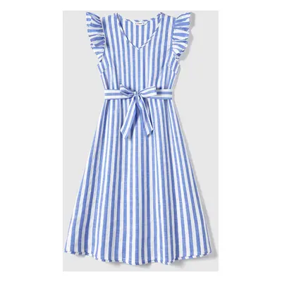 Family Matching Stripe Belted Dresses and 100% Cotton Short-sleeve T-shirts Sets