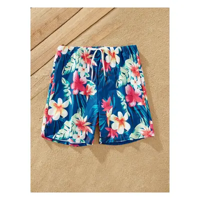 Family Matching Floral Drawstring Swim Trunks or Flutter Sleeves Knot Side One-piece Swimsuit