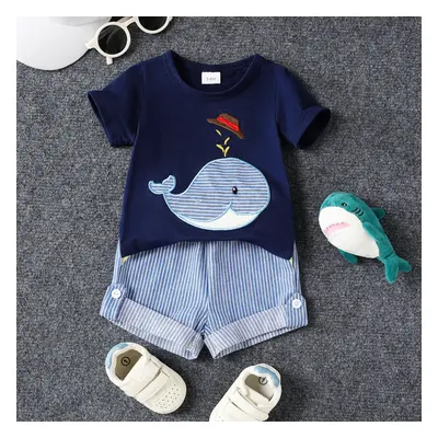 2pcs Baby Boy Whale Pattern Embroidery Short Sleeve Set