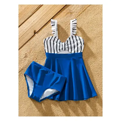 Matching Family Swimsuit Colorblock Drawstring Swim Trunks or Striped Blue Spliced Tankini with 