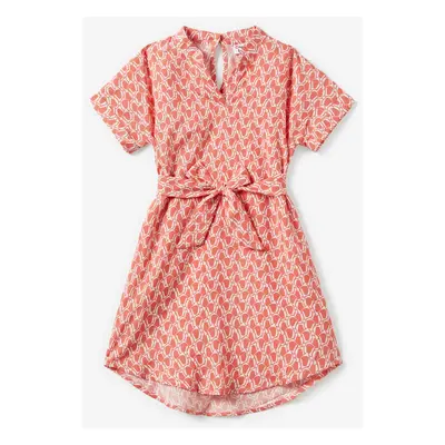 Mommy and Me Geometric Pattern V Neck Short-Sleeve Belted Dresses