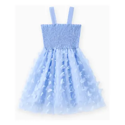 Kid Girl 3D Butterfly Design Mesh Splice Smocked Slip Fairy Dress