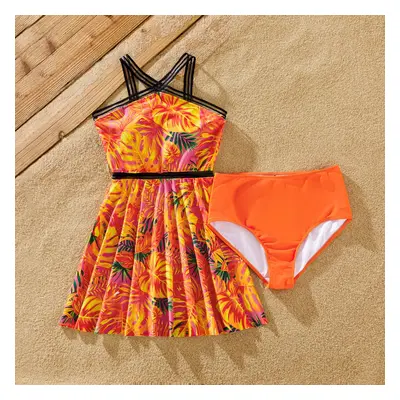 Family Matching Floral Drawstring Swim Trunks or Ribbon Cross Neck Two-Piece Tankini