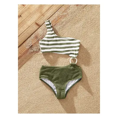 Family Matching Colorblock Stripe Swim Trunks or One Piece One Shoulder Swimsuit