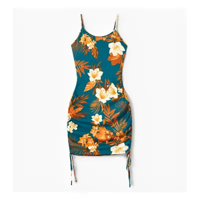 Family Matching Allover Floral Print Drawstring Ruched Bodycon Cami Dresses and Short-sleeve Spl