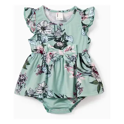 Family Matching Sets Green Striped Polo Shirt or Flora Print Strap Belted Dress