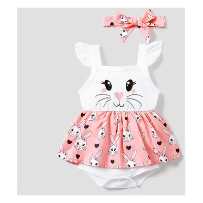 2pcs Baby Girl Rabbit Print Flutter-sleeve Faux-two Romper & Headband Set