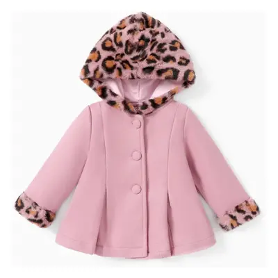 Baby Red Long-sleeve Button Leopard Hooded Wool Blend Coat