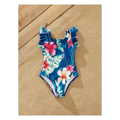 Family Matching Floral Drawstring Swim Trunks or Flutter Sleeves Knot Side One-piece Swimsuit