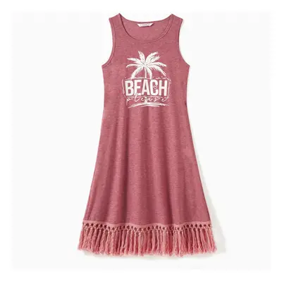 Mommy and Me Pink Round Neck Sleeveless Tasseled Trim Coconut Tree Graphic Beach Dress