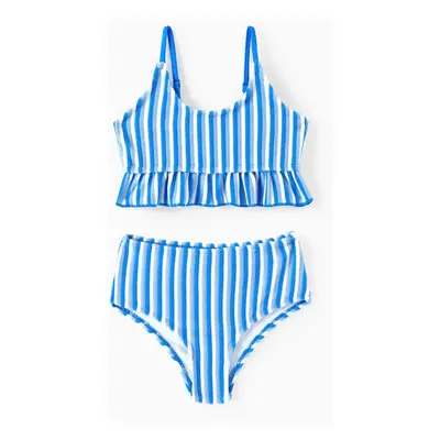 Family Matching Towel Swimwear Blue Stripe Swim Trunks or two-piece Bikini swimsuit